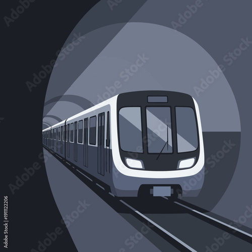 Modern Electric Train Emerging From Dark Tunnel With Bright Light