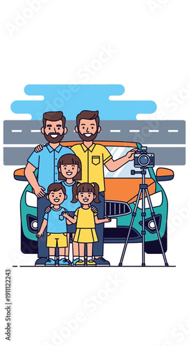 Modern Family Posing For A Photoshoot With New Car And Professional Camera Equipment