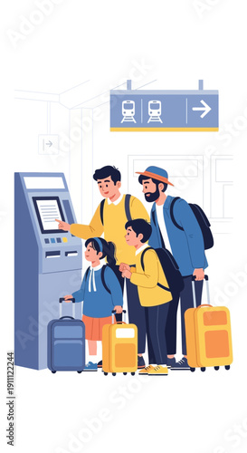 Modern Family Travelers Using Automated Kiosk For Journey Planning And Ticketing Services