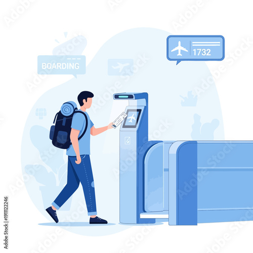 Modern Airport Boarding Gate With Traveler Using Digital Ticket
