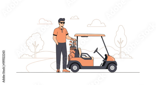 Modern Golfer Poses With Orange Golf Cart On Course
