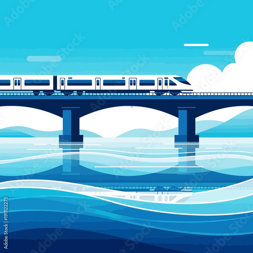 Modern High Speed Train Crossing A Blue Water Bridge
