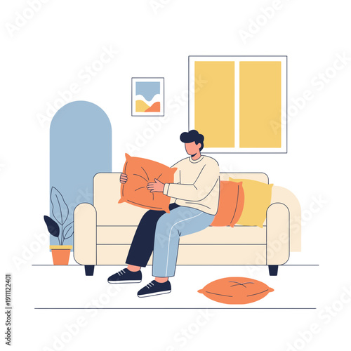 Modern Living Room Relaxation And Comfort With A Man Sitting On Sofa