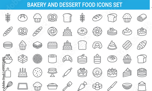 Bakery and dessert food icons set featuring bread cakes pastries sweets baking tools flat vector outline design collection