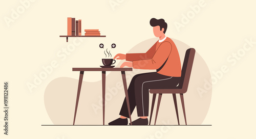 Modern Man Enjoys Coffee Break While Working On Laptop Minimalist Style
