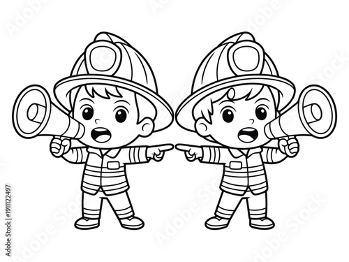 Two cartoon boys dressed as firefighters holding megaphones and pointing at each other in a playful illustration.