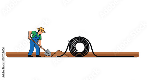 Farmer in hat and overalls uses a shovel to dig a trench for irrigation pipe in brown soil.