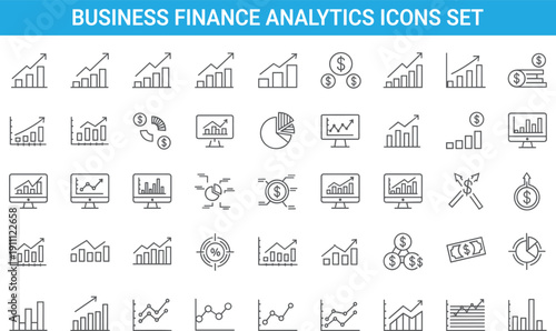 Business finance analytics icons set, growth charts money symbols outline vector collection for investment, marketing, statistics, economy, and financial reporting
