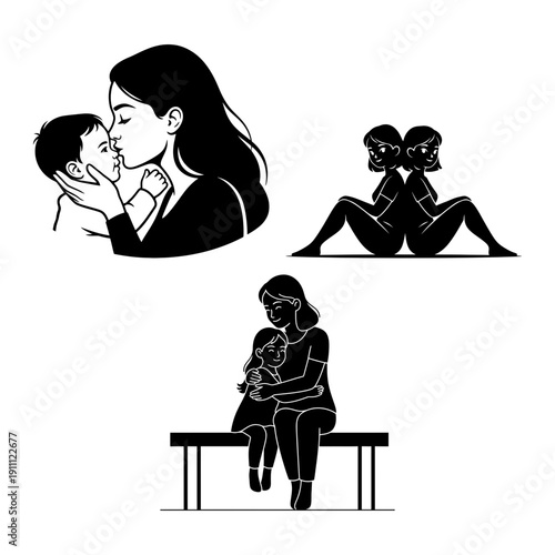 Dia de la Madre decorative bundle with heart crest shield emblem mother baby and finger hearts