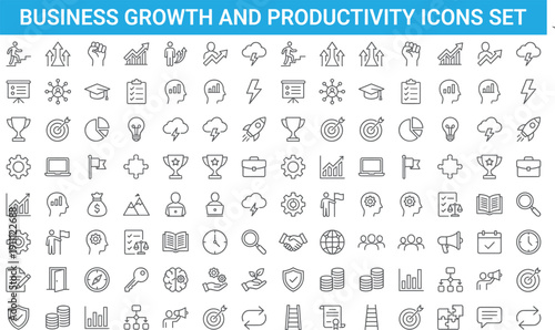 Business growth and productivity icons set illustrating success strategy teamwork innovation analytics leadership flat vector outline design collection