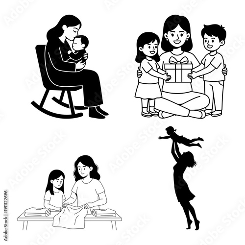 Dia de la Madre icon bundle with mother teaching child love emblem and Spanish lettering