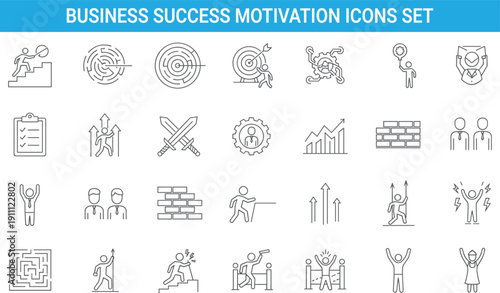 Business success motivation icons set, goal achievement challenge strategy leadership growth teamwork progress, flat outline vector illustration