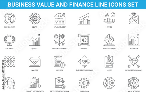 Business value and finance line icons set, assets equity stocks investors performance management reliability strategy growth symbols