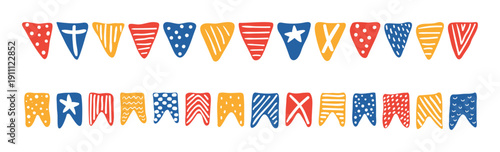 Swallowtail, triangular flags, bunting with different patterns illustration isolated, collection on white. Hand drawn flat vector. Kids nautical print, design element, clip art set, horizontal border