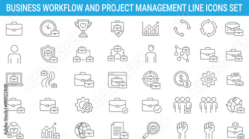 Business workflow and project management line icons set, processes, tasks, teamwork, performance tracking, organization, strategy, productivity symbols, efficiency tools vector