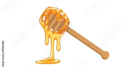 Wooden honey dipper tilted and heavily coated in thick, golden, dripping honey.