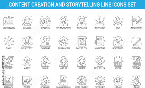 Content creation and storytelling line icons set, writing communication inspiration branding marketing blogging authorship creativity symbols