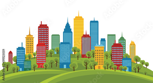 An illustration featuring a panoramic urban cityscape with diverse colorful buildings situated on rolling green hills under a bright white sky.
