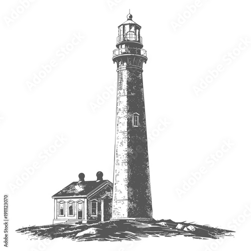 A tall lighthouse stands beside a small building on rocky terrain