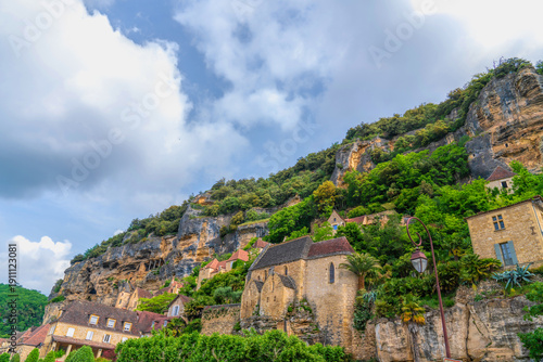 La Roque-Gageac Village Built Into Limestone Cliff Along the Dordogne River, France