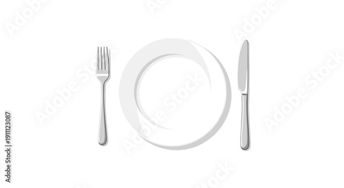 A minimalistic illustration showcasing an empty white dinner plate centered between a silver fork and a matching knife on a clean white background.