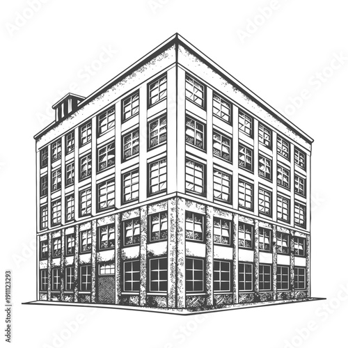 A black and white illustration of a tall corner building