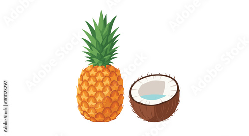 An illustration featuring a ripe whole pineapple standing beside a halved coconut revealing its refreshing water on a white background.