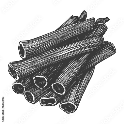 A monochrome artistic illustration of many cylindrical pieces grouped