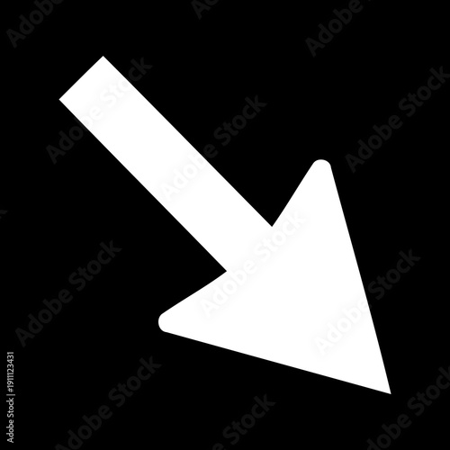Clean white arrow, pointing down and right, on black. Minimalist navigation symbol, essential for web design, presentations and infographics.
