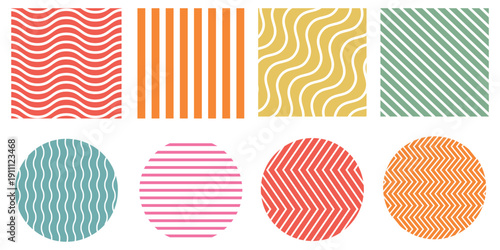 Collection of eight colorful abstract geometric pattern swatches featuring various linear wave stripe zigzag and wavy line designs for backgrounds