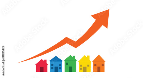 Colorful houses in a row with a large orange arrow rising in the background signifying an increase in real estate value.