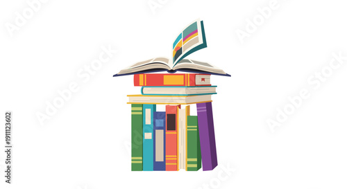 Tall stack of assorted colorful books with an open book fanning pages out on the very top of the pile.
