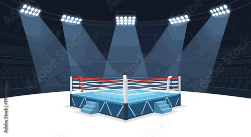 Empty blue boxing ring with red and white ropes under bright spotlights in a large dark arena.