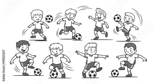 Multiple boys enjoy various soccer ball skills.