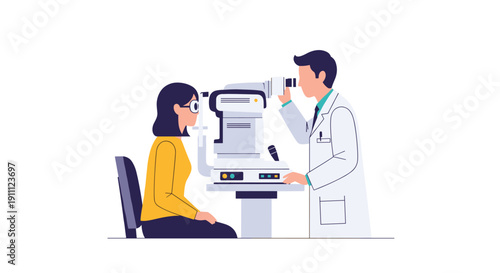 Optometrist examining a female patient's eyes with a specialized optical machine during a routine vision checkup.