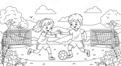 Children play a soccer game on a grassy field outdoors.