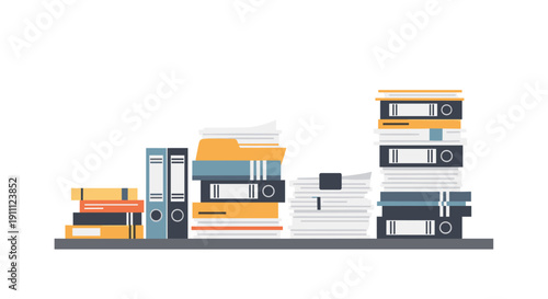 Various office documents, organized in stacks of folders, binders, and papers, are neatly arranged on a grey shelf.