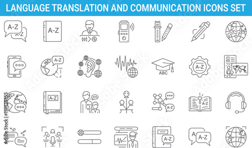 Language translation and communication icons set, global education learning symbols, speech recognition outline vector illustration for digital multilingual technology