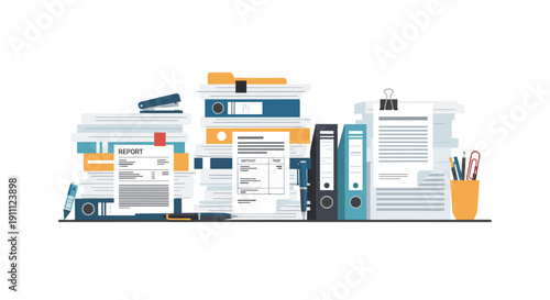 Disorganized stacks of reports, folders, papers, and office supplies like staplers, pens, and clips are piled on a shelf.