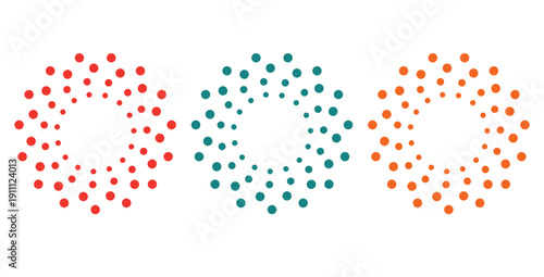 Collection of three abstract circular dot patterns in vibrant red teal and orange colors representing dynamic bursts or swirling energy flow designs
