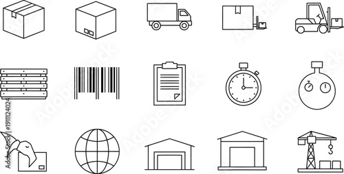 A collection of line art icons representing various aspects of shipping, logistics, and warehousing operations.