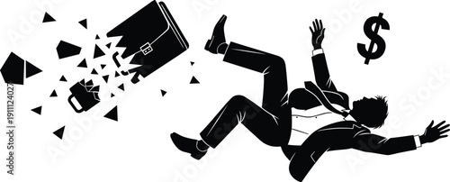 Businessman Falling with Broken Briefcase and Dollar Sign Symbolizing Financial Crisis, Job Loss, Bankruptcy and Economic Downfall Concept