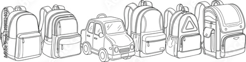 Hand drawn school backpack collection with small car outline doodle vector set of different bags isolated on white background