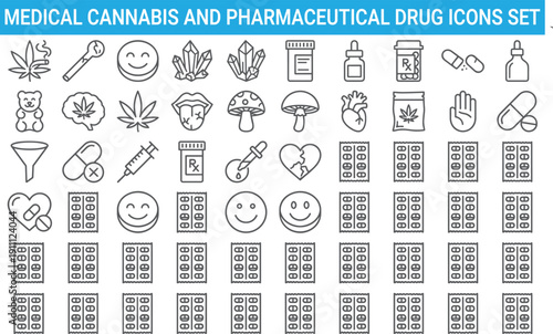 Medical cannabis and pharmaceutical drug icons set illustrating pills syringes prescription bottles substances flat vector outline design collection