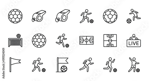 Soccer equipment icons for sport activity design are shown.