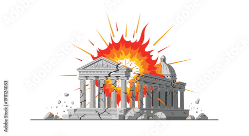 Classical architectural buildings, featuring columns and domes, are splitting apart and exploding with intense orange fire.
