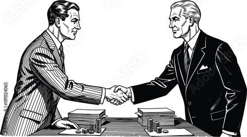 Vintage retro business handshake illustration with two businessmen in suits shaking hands over a desk with money coins and documents