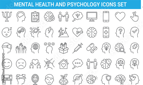 Mental health and psychology icons set illustrating therapy emotions wellbeing support mindfulness flat vector outline design collection modern
