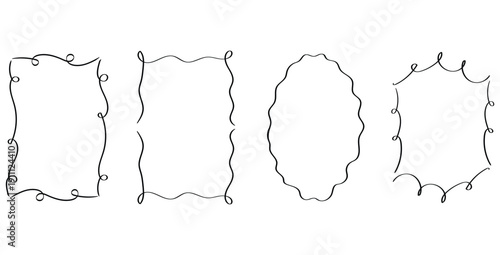 Collection of four whimsical black line art borders featuring organic wavy edges and playful curled embellishments perfect for framing invitations or creative paper designs