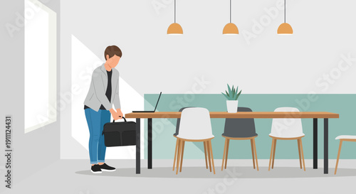 Modern Office Collaboration Space With Person Preparing For Meeting